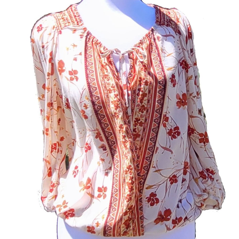 Boho Cream and Floral Faux Wrap Blouse Size S Brand "Est. 1946"